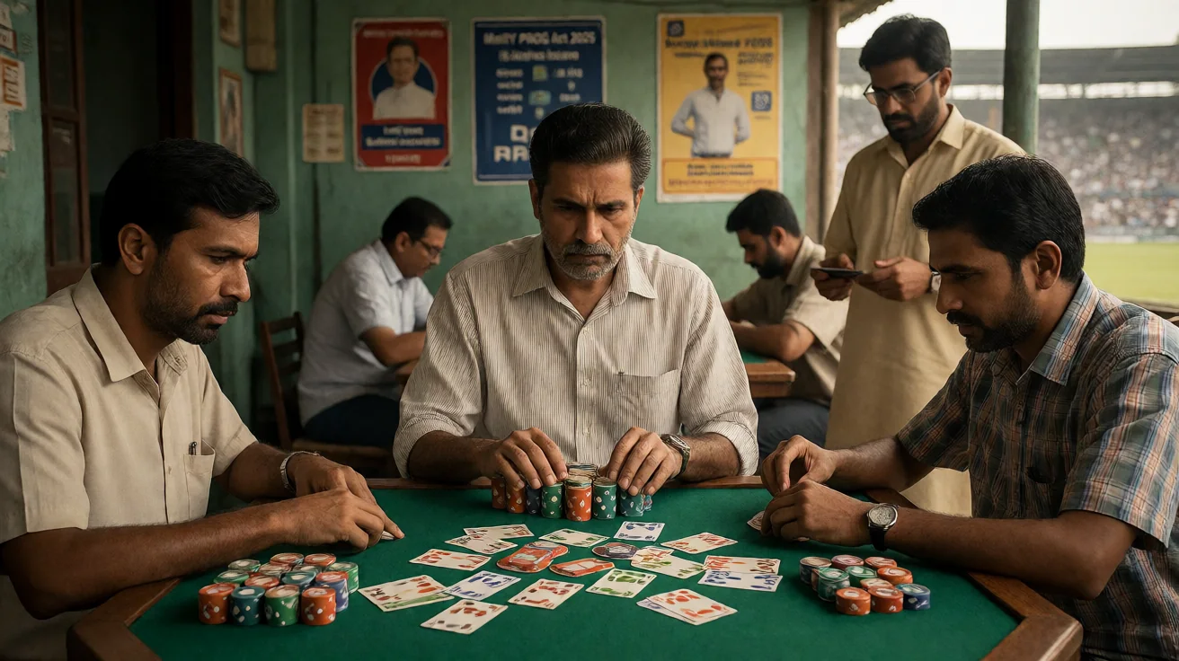 Wide editorial view of an Indian rummy operator's compliance desk with KYC files, a printed UPI statement and a quarterly calendar mark