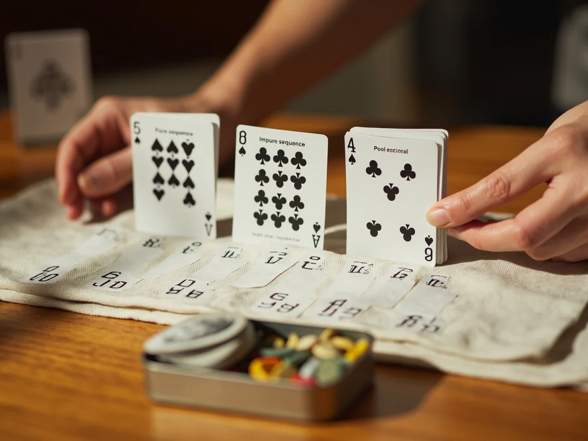 Three composition cards arranged on a pale linen runner illustrating points, deals and pool formats