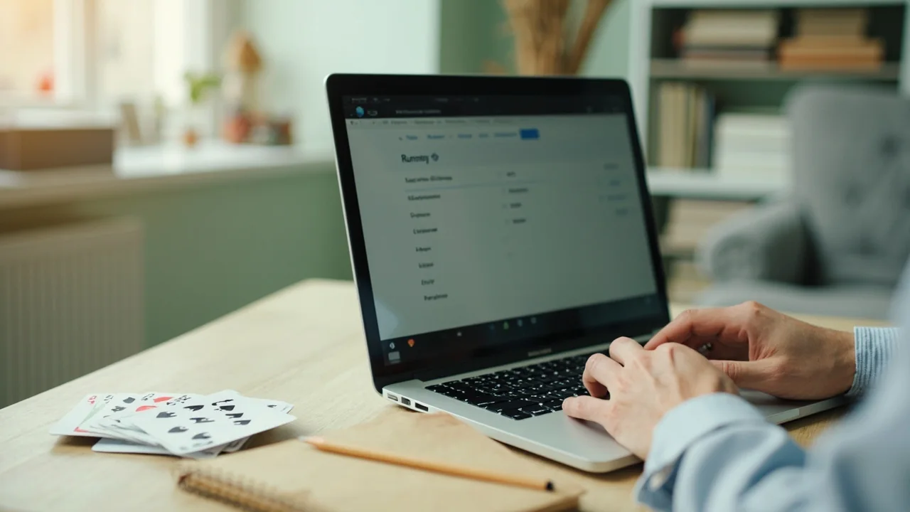 A laptop open on a pale oak desk beside a small stack of playing cards and a kraft notepad