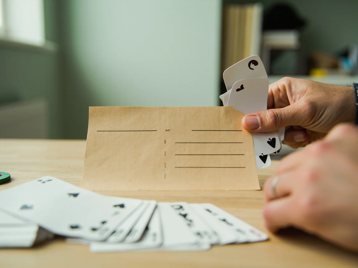 A clean rummy hand of ten cards fanned above a folded kraft-paper decision card divided into two columns