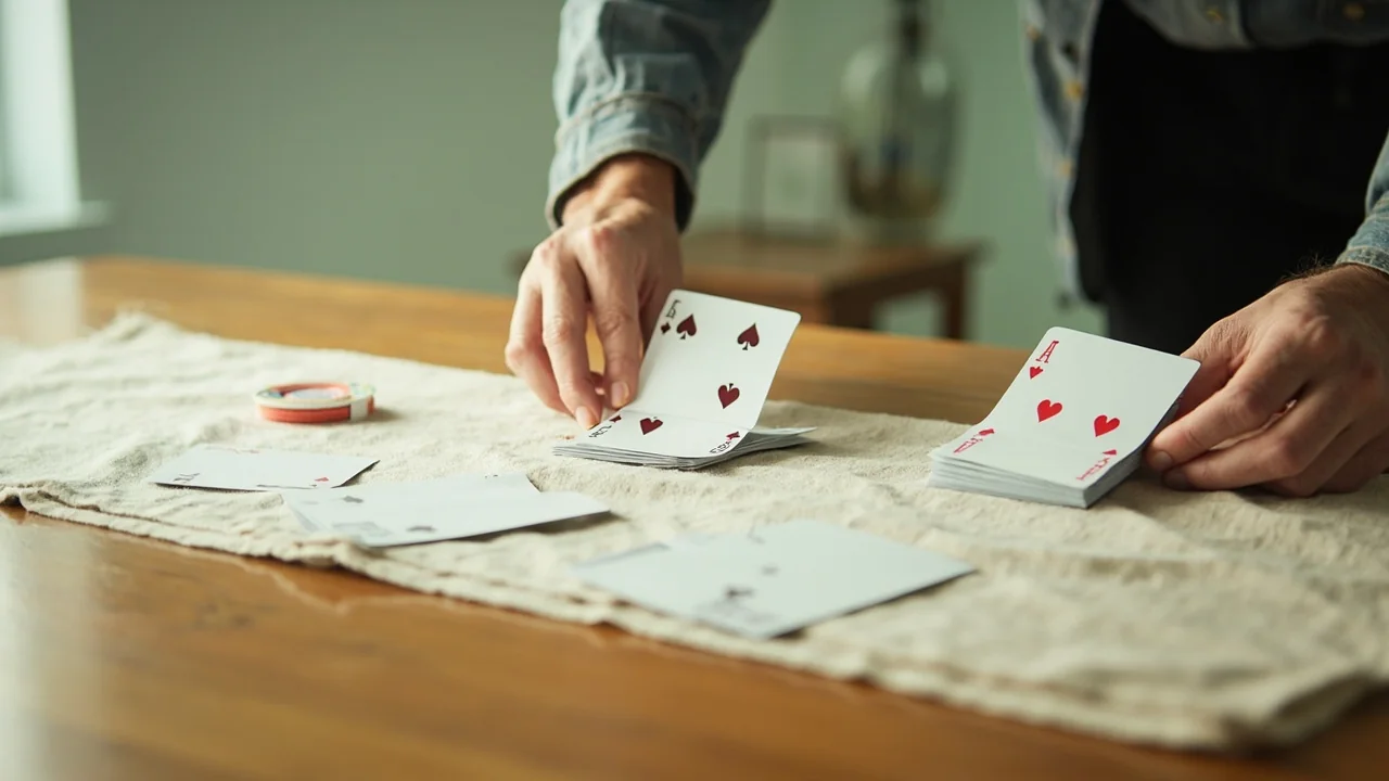 A pale linen runner with three small composition cards arranged to suggest points, deals and pool play