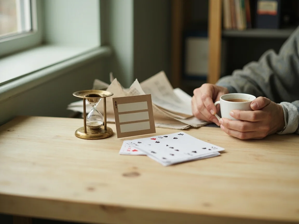 A small kraft notepad with a list of responsible-play control reminders beside a stopped cup of tea